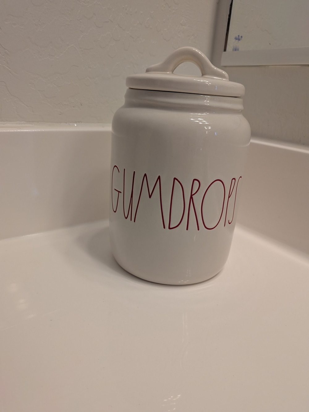 Rae Dunn “GUMDROPS” Canister w/ Lid – Artisan Collection Magenta – White Ceramic